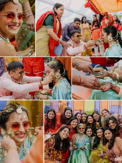 A collage of the bride's Haldi ceremony. It shows the joy, the mess, and the love, from her friends applying haldi to her smiling through it all. These are the moments to cherish.