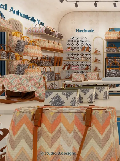 A close-up render of the Zouk store concept, showing how the products are displayed. The design uses natural textures and patterns derived from the brand's logo to tell a story of conscious craftsmanship.