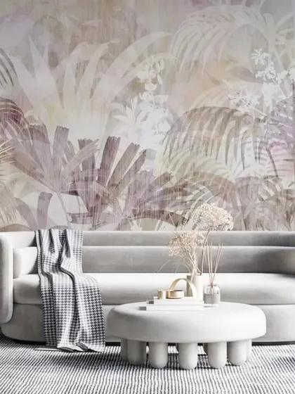 This beautiful wallpaper features a dense tropical jungle scene in soft, pastel tones. The gentle colors create a calming and dreamy atmosphere, offering a more subtle take on the popular botanical trend.