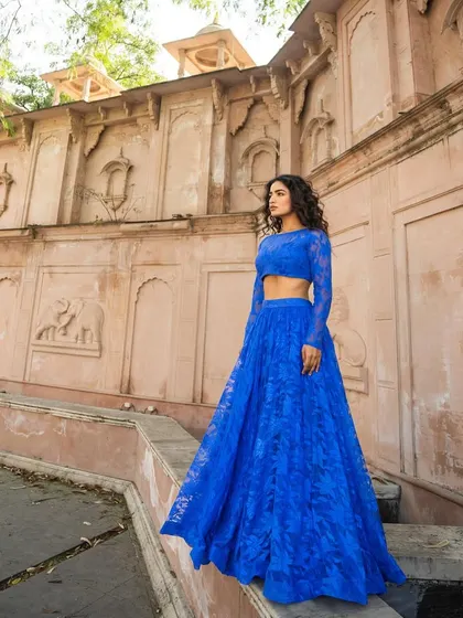 Another shot of our stunning royal blue lehenga. The vibrant color and full skirt make it a showstopper.