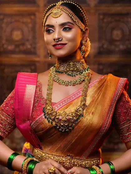 A smiling bride showcasing her complete look. The makeup is designed to enhance her features and radiate happiness, matching the beautiful pink and gold saree.
