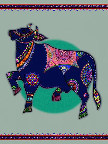 A darker, almost black version of the Kamdhenu cow, where the colorful patterns shine brightly against the dark body.