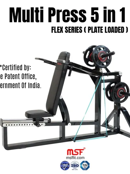 This is our patented Multi Press 5-in-1 from the Flex Series. It's a plate-loaded powerhouse engineered for chest press, incline press, shoulder press, reverse shoulder press, and shrugs.