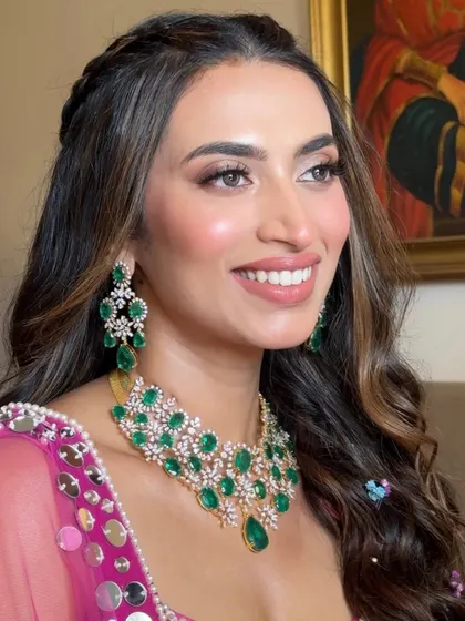 A beautiful, happy expression from our Mehendi bride. The makeup is fresh and radiant, perfect for a day of celebration with family and friends.