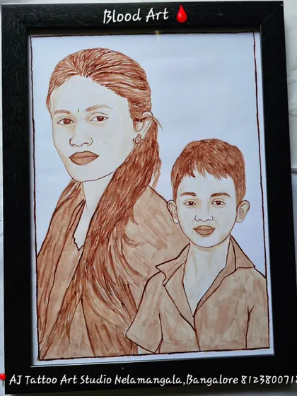 A unique family portrait of a mother and her young son. Painted with blood, this artwork creates a lasting and deeply personal connection between the subjects and the art itself.