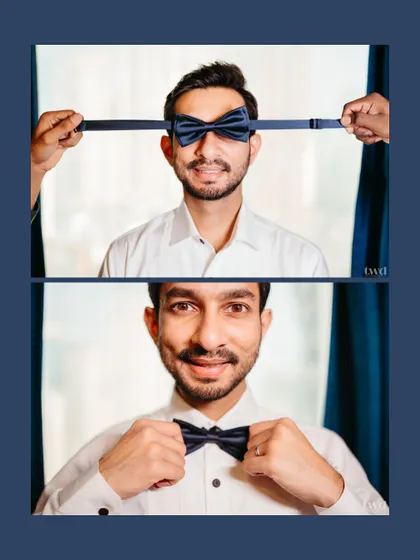 A playful and creative shot of the groom getting ready, with his friends holding up his bow tie. It's a fun memory of the pre-wedding banter.