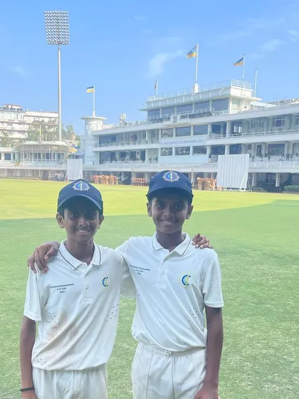 Aayush Ambekar and Aarya Sagare at the prestigious Brabourne Stadium (CCI). Both joined us at age 9, and their hard work has earned them the opportunity to play in the Raj Singh Dungarpur U15 Cup.