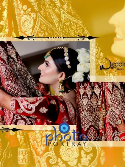 An album page design focusing on the bride admiring her lehenga, with a warm, golden overlay for a luxurious feel.