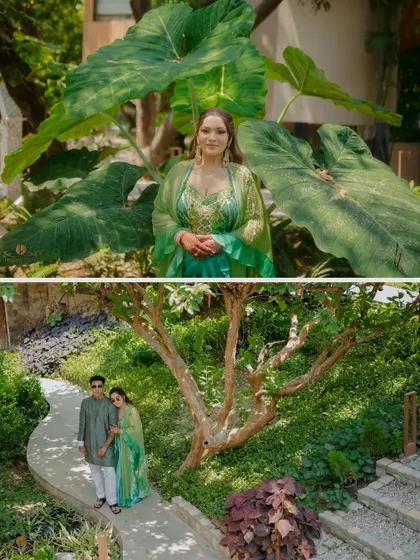 A two-panel image showcasing the bride's stunning green mehndi outfit and a wider shot of the couple in the lush gardens of the resort. It perfectly captures the natural, beautiful vibe of the event.