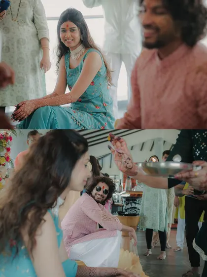 The playful interaction between the bride and groom during their joint Haldi ceremony. We capture the connection and fun you share.