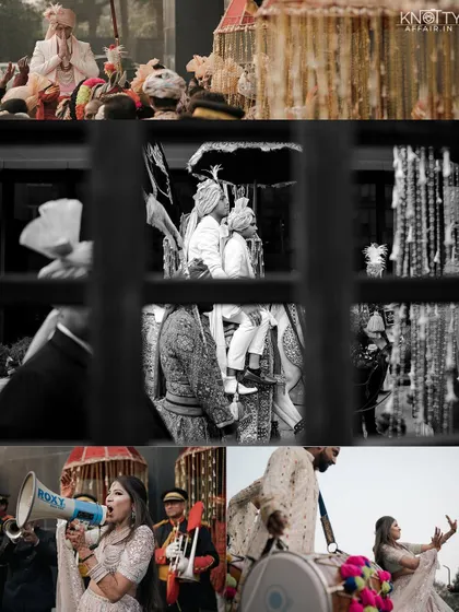 A collage showing the energy of the baraat and the quiet, intimate moments of the ceremony. We tell a complete story, from the procession to the vows.
