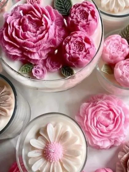 My custom glass bowl candles have been so popular lately. This image shows a variety of floral designs, from peonies to daisies, in different shades of pink.