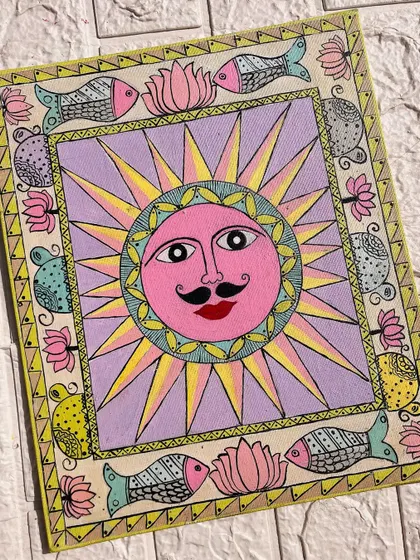 The full view of the pastel Madhubani Surya Dev painting on canvas.