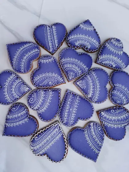 For a different take on my Valentine's cookies, I used a beautiful periwinkle blue icing with white henna-style patterns. It’s a simple sugar cookie, elevated into something really special.