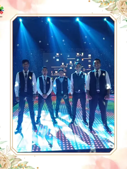 Our dynamic team posing on an LED floor, ready to rock the bar with their skills and energy.