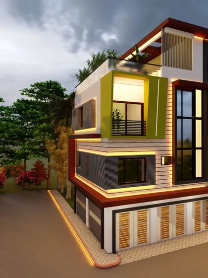 A side view of the luxury bungalow with green accents, showing how the design looks from a different perspective.