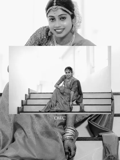 A creative black and white collage of the bride's portraits.