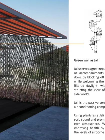 A detailed look at the green jali wall concept. Using plants on a mesh screen acts as a passive air conditioner, blocking glare while allowing filtered daylight and views. This biophilic design element improves air quality and creates a quieter, healthier atmosphere without mechanical systems.