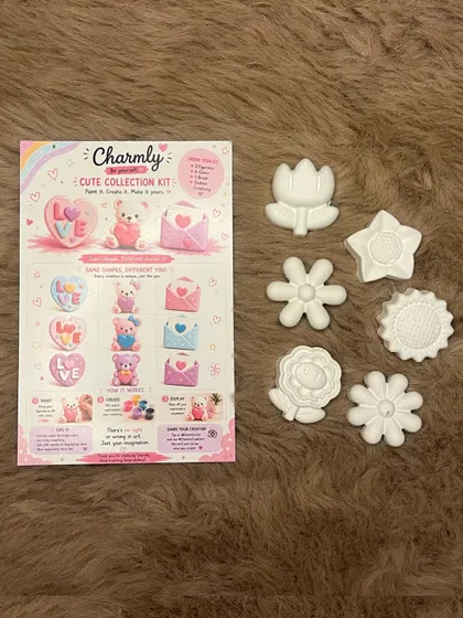 My Cute Collection kit is filled with sweet and charming shapes. It includes multiple flower designs, a teddy bear, and a heart, perfect for a lovely and relaxing painting activity.