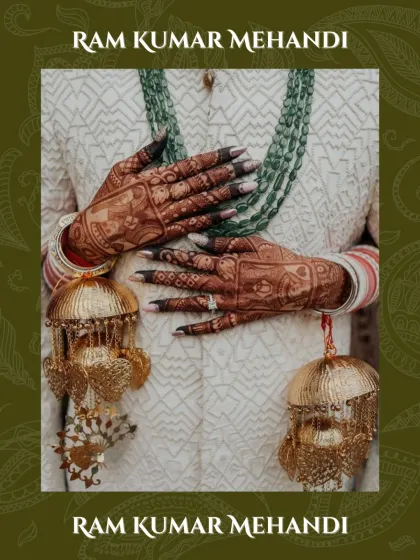A classic bridal shot with the bride's mehandi-adorned hands resting against the groom's sherwani, with her kalire beautifully displayed.