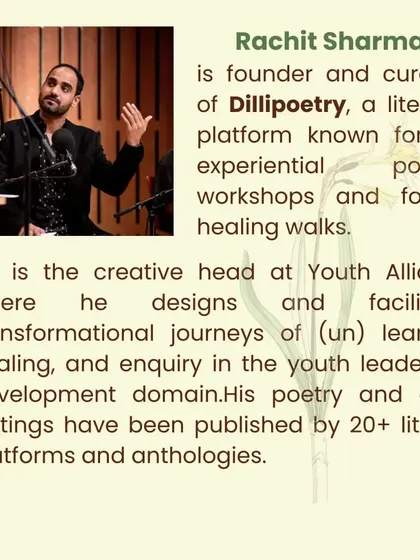 A brief bio of me as the facilitator for the 'Artist's Pharmacy' workshop, highlighting my work in experiential poetry and healing walks.