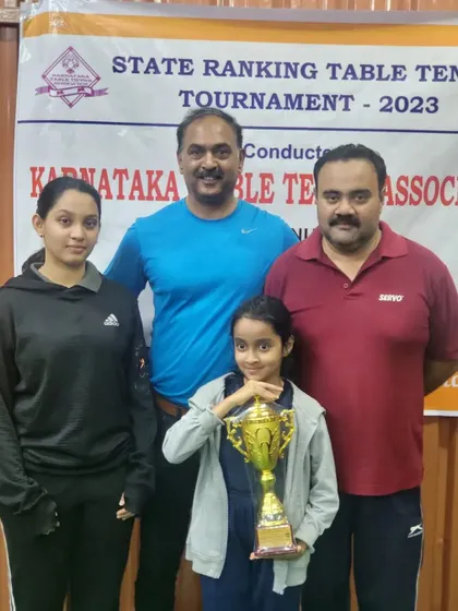 Our coaches with the young champions from the Karnataka 1st State Ranking tournament, including maiden title winner Yuktha Harsha.