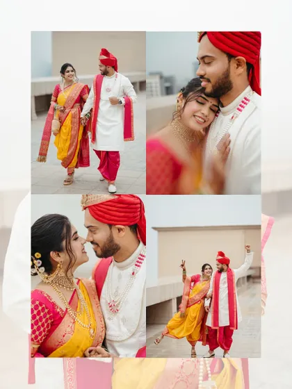 A collection of moments from a Maharashtrian couple's portrait session. It shows a mix of fun, playful shots and tender, romantic embraces, showcasing their versatile chemistry.