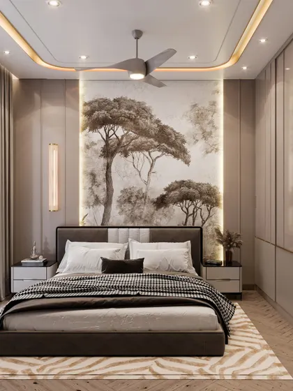 A render of a guest room with a simple and elegant monotone theme. A stylish tree wallpaper behind the bed and golden metal profiles on the wardrobe add a touch of sophistication and break the monotony.