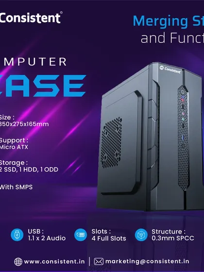 The CIE102 computer case merges style and function with its compact design for Micro ATX builds. It comes with an included SMPS and offers storage bays for two SSDs and one HDD.