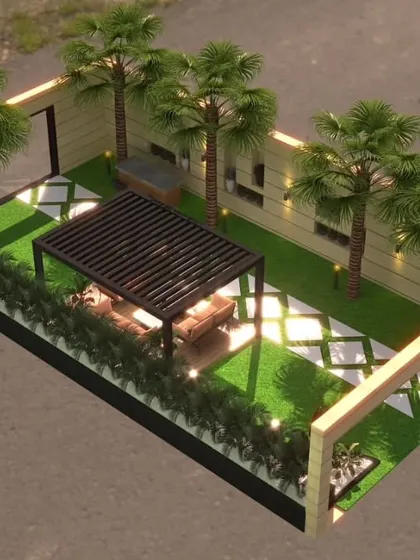 An isometric view of the entire front yard proposal. This render provides a clear overview of the layout, including the boundary walls, planters, pergola, and bar.
