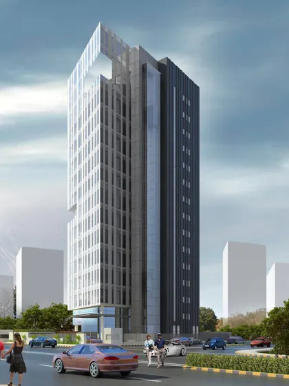 A rendering of a corporate tower where solid and glass elements are balanced for solar efficiency. The darker, solid volume protects one side from solar heat gain, while the glass facade on the other opens up to controlled light, creating a harmonious and sustainable design.