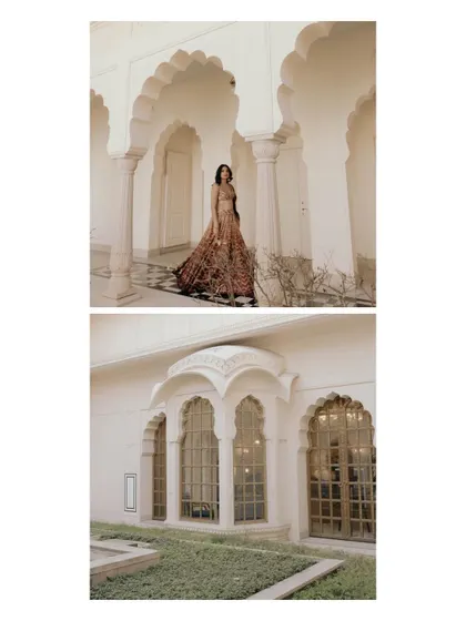 Another collage from Sandy and Darsh's pre-wedding shoot, showcasing the beautiful architecture and their graceful portraits.