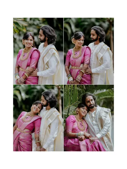A four-panel collage of the couple's post-ceremony portraits, capturing their love and happiness.