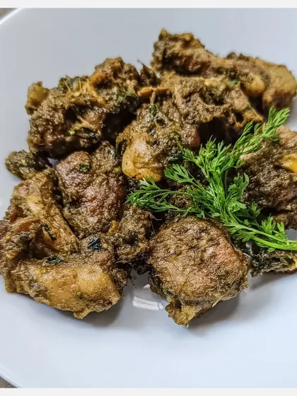 A close-up view of the tender, masala-coated chunks of my Bannur Mutton Fry.