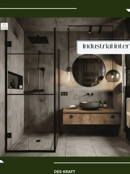 This industrial-style bathroom features raw concrete walls, a black-framed glass shower enclosure, and a rustic wood vanity for a rugged yet refined look.