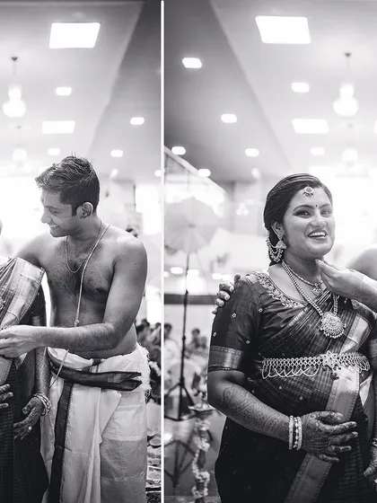 A black and white diptych showing a couple sharing a laugh during their traditional baby shower, highlighting their happiness and connection.