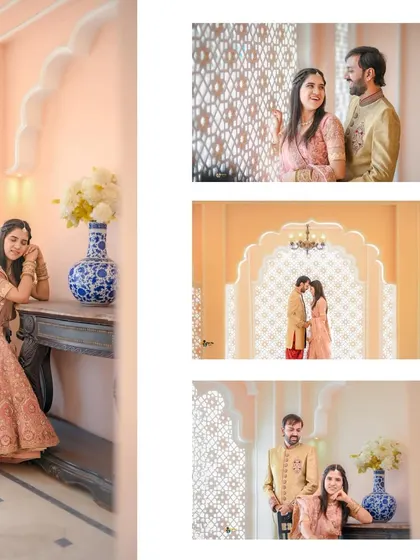 A collage showcasing various poses from a pre-wedding shoot in a beautiful, ornate location. It demonstrates my ability to direct couples and use the environment to create a diverse set of images.
