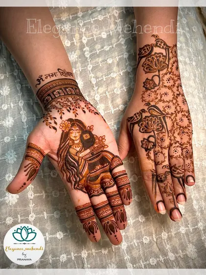 A design celebrating devotion for the holy month of Saavn. One hand shows a devotee embracing a Shivling, while the other features a minimal parrot and floral design.