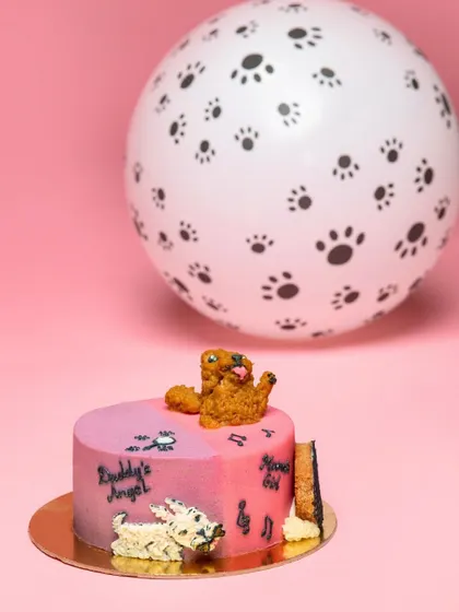 A detailed shot of the custom-designed, pet-safe birthday cake. I collaborate with amazing bakers to ensure every detail of the shoot, including the cake, is picture-perfect.