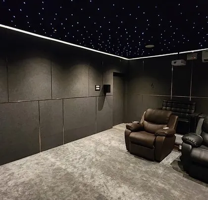 A duplicate of 391, this shot provides another look at the clean and modern design of this Madurai home theater.