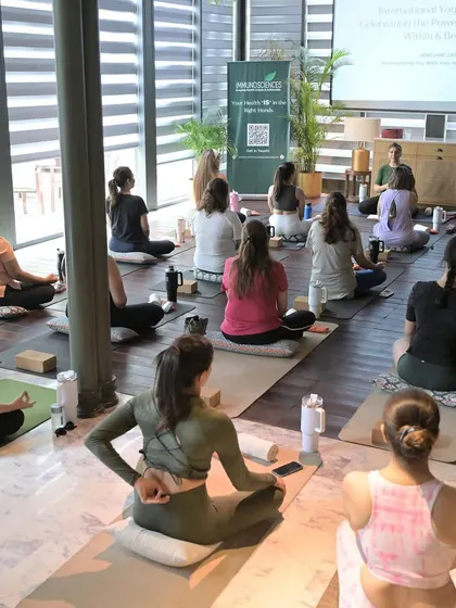 A wide shot of a session I taught during International Yoga Week. The topics covered included the goal of yoga, pranayama, and creating rituals over routines.