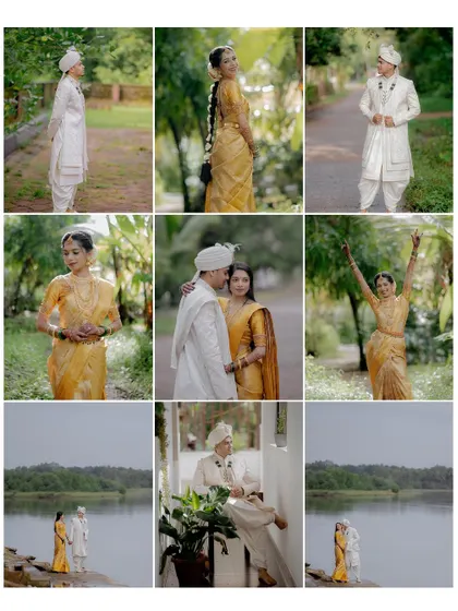 A collage of nine images from a riverside pre-wedding shoot, showing a variety of portraits, candid moments, and scenic shots.