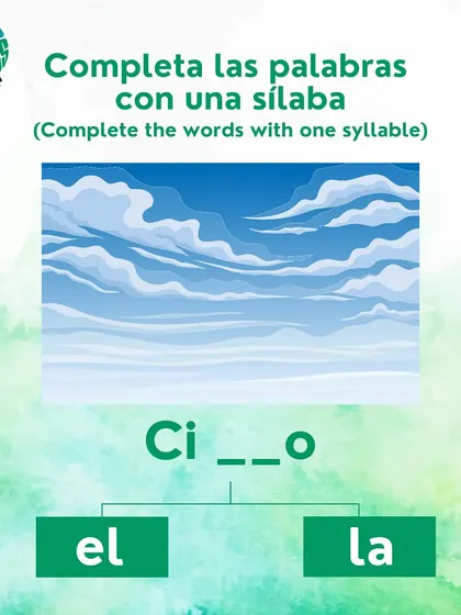 How do you say sky in Spanish? Complete the word 'Ci__o' with the correct syllable. A fun way to practice vocabulary.