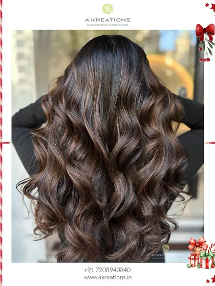 Rich chocolate hues styled into voluminous curls. This look is perfect for adding a touch of festive glamour and cozy vibes.