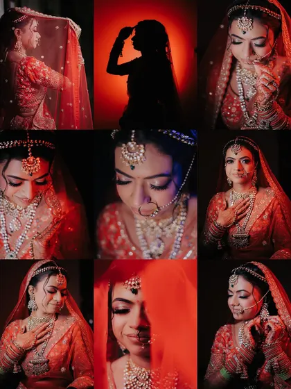 A beautiful grid of nine bridal portraits. This collage showcases a variety of poses and lighting styles, from a dramatic silhouette to close-ups, all highlighting the bride's elegance.