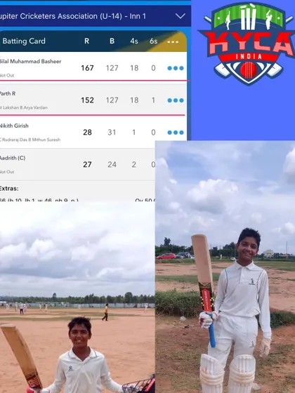 The future is bright. A massive congratulations to our U-14 players, Bilal M Basheer (167) and Parth R (152), for their incredible partnership in the KSCA league. Scoring big hundreds at a young age builds a strong foundation for a great career ahead.