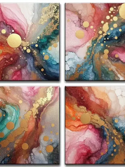 A collection of four-panel artworks created with colorful alcohol inks and gold leaf accents. These sets offer a vibrant and ethereal quality, perfect for dining rooms or bedrooms where you want a splash of color and light.