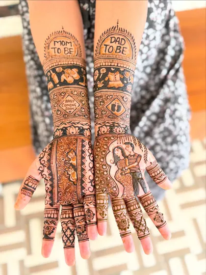 A complete "Mom to be" and "Dad to be" mehendi set for a baby shower. This design features portraits of the happy couple, baby footprints, and other cute elements to celebrate their new beginning as a family.
