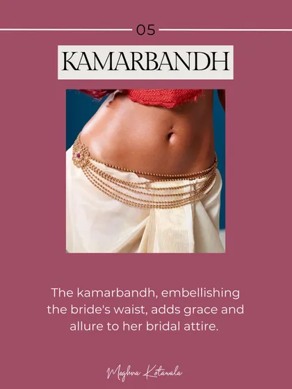 A guide to the Kamarbandh, or bridal waistband. This traditional piece of jewelry embellishes the bride's waist, adding a beautiful element of grace and allure to her bridal attire.
