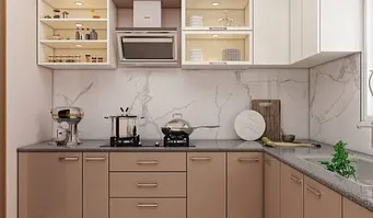 This L-shaped modular kitchen combines beige lower cabinets with white upper cabinets featuring glass fronts. The marble-effect backsplash and under-cabinet lighting add a touch of luxury and brightness.